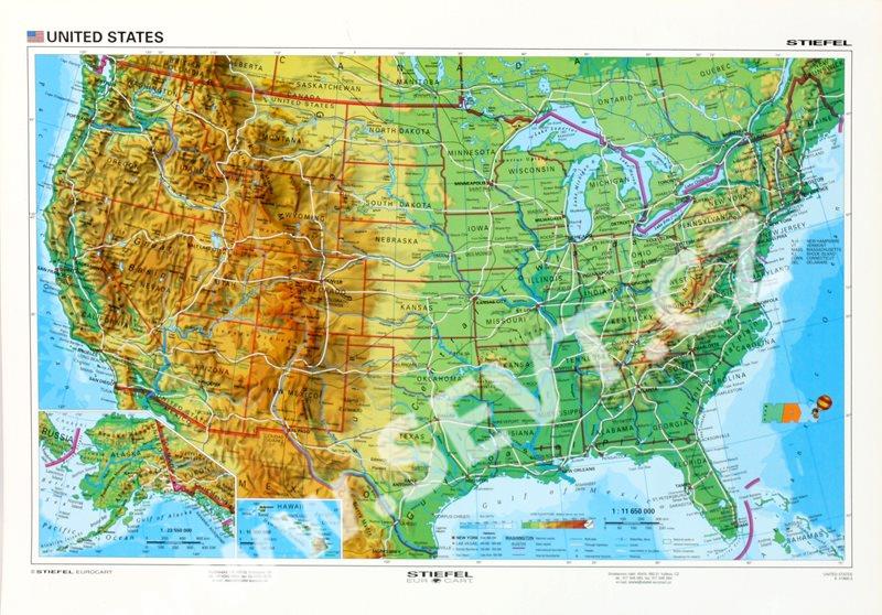 geografická mapa usa USA geografická/ politická   mapa A3   SEVT.cz geografická mapa usa