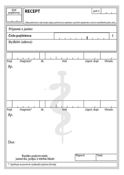 Recept - lékařský předpis (100 listů), volné listy pro laser tiskárny - volný list A6, 100 volných listů v balení