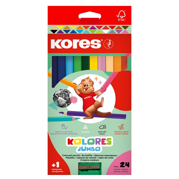 Kores Trojhranné pastelky Kolores Jumbo 5 mm, 24 barev s ořezávátkem