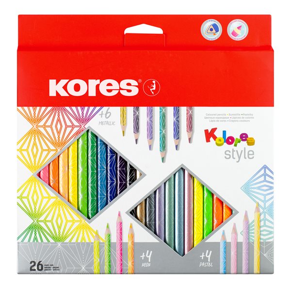 Kores Trojhranné pastelky Kolores Style 3 mm - sada 26 barev vč. 4 pastel., 4 neon. a 6 metal. barev