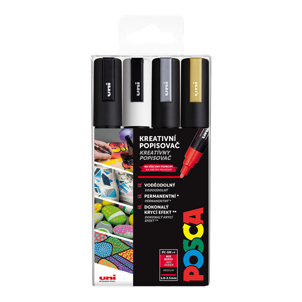 Akrylové popisovače POSCA, PC-5M - 4 barvy: černá, bílá, zlatá, stříbrná