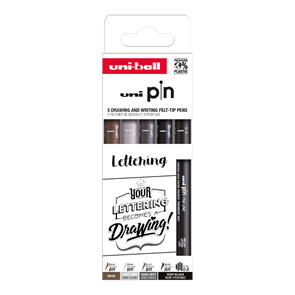 UNI PIN BR sada Lettering, 5 ks linerů (1 &#215; čern&#253; 0,8 mm, 4 &#215; barevn&#233; se štětcov&#253;m hrotem)