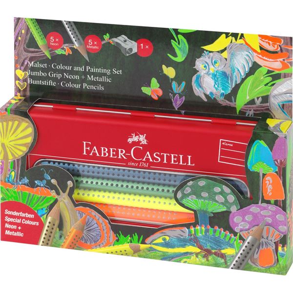 Dárková krabička pastelek Faber-Castell Jumbo Grip - 5 ks Neon + 5 ks Metallic