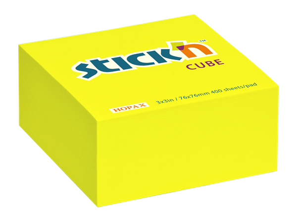 Samolepicí kostka Stick'n 76 × 76 mm, 400 lístků, neonově žlutá, Sleva 20%