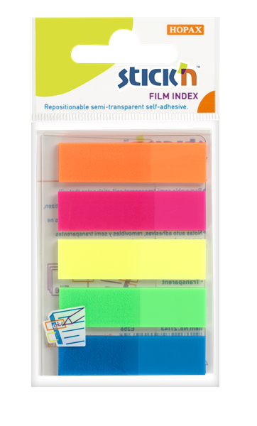 Levně Plastové samolepicí záložky Stick'n 45 × 12 mm, 5 × 25 lístků, neonové barvy