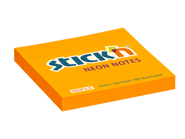 Samolepicí bloček Stick'n 76 × 76 mm, 100 lístků, neonově oranžový