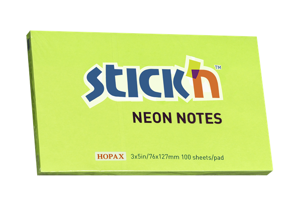 Samolepicí bloček Stick'n 76 × 127 mm, 100 lístků, neonově zelený