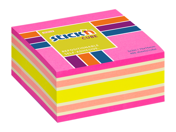Samolepicí kostka Stick'n 76 × 76 mm, 400 lístků, mix neonových barev růžová, Sleva 29%