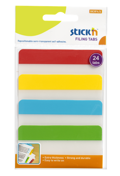 Plastové samolepicí záložky Stick'n extra pevné, 38 × 76 mm, 4 barvy × 6 záložek