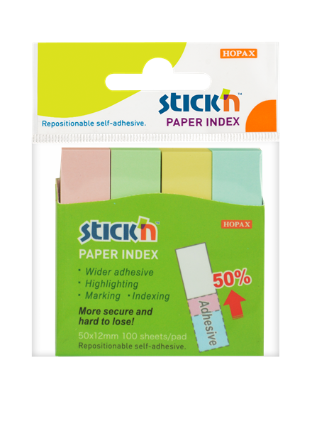 Levně Papírové samolepicí záložky Stick'n 50 × 12 mm, 4 × 100 lístků, pastelové barvy
