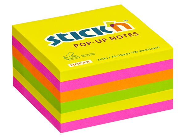 Samolepicí bloček Pop-Up, 76 × 76 mm, 6 × 100 lístků, mix neonových barev