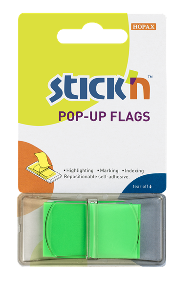 Levně Plastové samolepicí záložky Stick'n POP-UP 45 × 25 mm, 50 lístků, neonově zelené