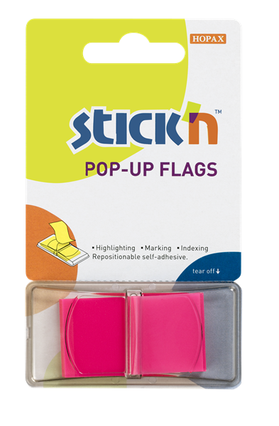 Plastové samolepicí záložky Stick'n POP-UP 45 × 25 mm, 50 lístků, neonově růžové