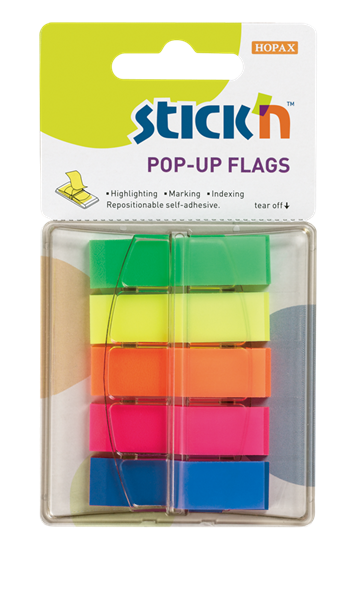 Plastové samolepicí záložky Stick'n POP-UP 45 × 12 mm, 5 × 40 lístků, neonové barvy