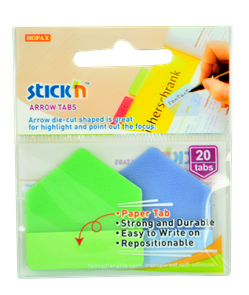 Plastové samolepicí záložky Stick'n šipky 38 × 38 mm, 2 × 10 ks, zelené a modré