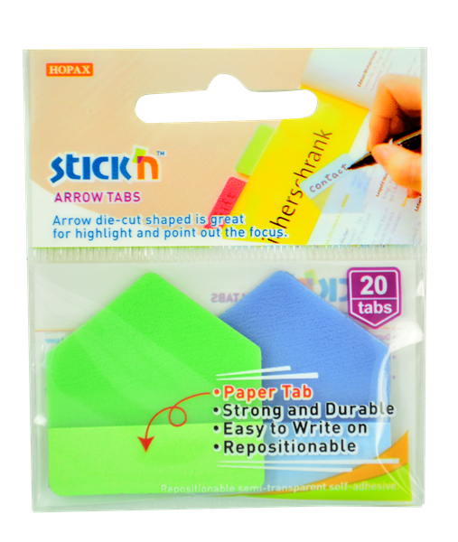 Plastové samolepicí záložky Stick'n šipky 38 × 38 mm, 2 × 10 ks, zelené a modré