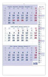 Kalendář nástěnný 2020 - Tříměsíční modrý s poznámkami