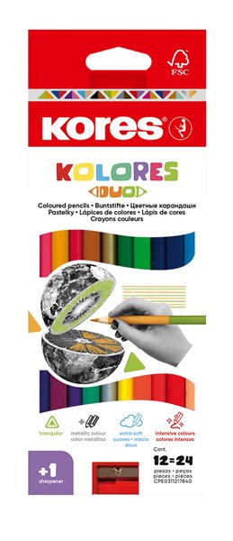 Kores Trojhranné pastelky Kolores DUO 12 barev s ořezávátkem