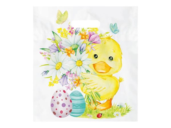 Velikonoční taška s průhmatem 29 × 32 × 8 cm,1 ks - kachňátko s květinami a kraslicemi