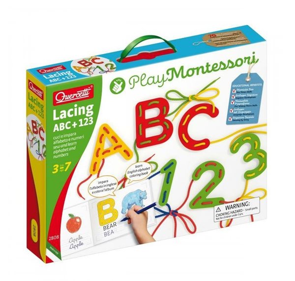 Levně Quercetti Lacing ABC + 123 alphabets and numbers – provlékací souprava s písankou a omalovánkami
