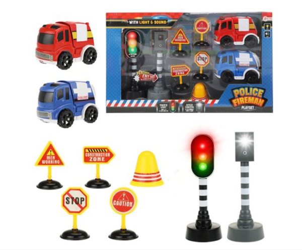 Levně Auto 2 ks policie, hasiči + semafor, radar, značky na baterie se zvukem se světlem