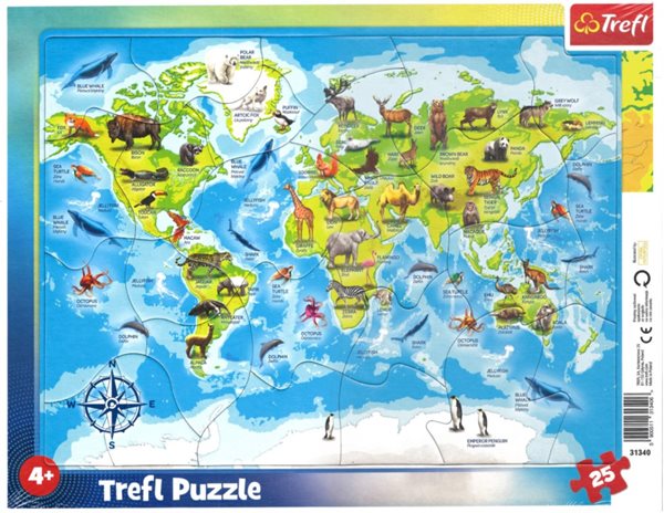 Levně Puzzle Mapa světa se zvířátky 25 dílků
