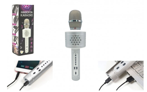 Levně Mikrofon karaoke - Bluetooth stříbrný na baterie s USB kabelem