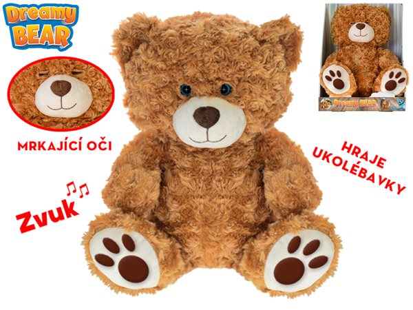 Levně Medvěd plyšový 34cm sedící mrkající oči na baterie hrající ukolébavky 6m+ v krabičce
