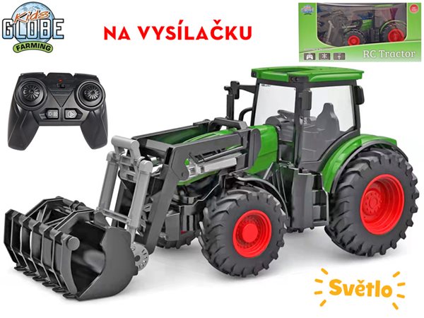 Levně Kids Globe R/C traktor zelený 27 cm s předním nakladačem na baterie a se světlem 2,4 GHz, Sleva 100%