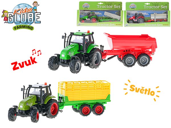 Levně Kids Globe Farming traktor kov 25 cm na setrvačník s vlečkou na bat. se světlem a zvukem, mix druhů