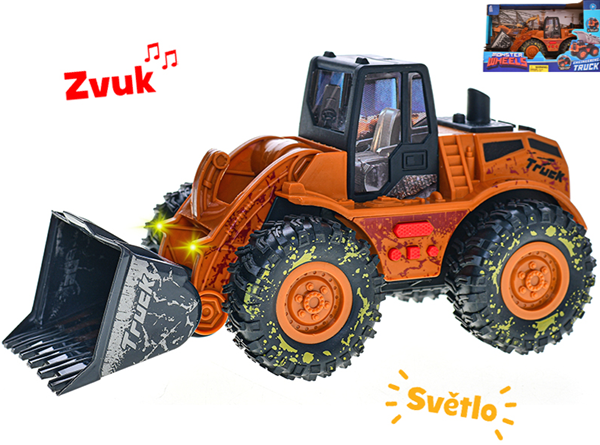 Traktor nakladač 25 cm na setrvačník na baterie se světlem a zvukem v krabičce