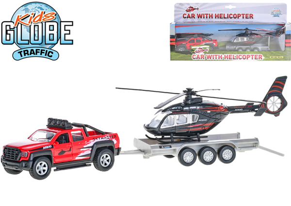 Kids Globe Traffic auto terénní 13 cm kov na zpětný chod s přívěsem + vrtulníkem 20 cm 