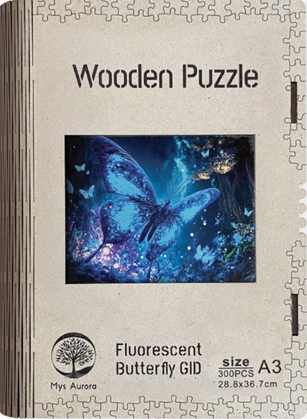 Dřevěné puzzle WOODEN fluorescentní motýl, svítící ve tmě - 300 dílků, Sleva 120%