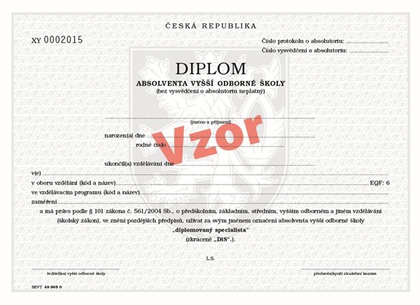 Diplom absolventa VOŠ pro tisk QR kódu