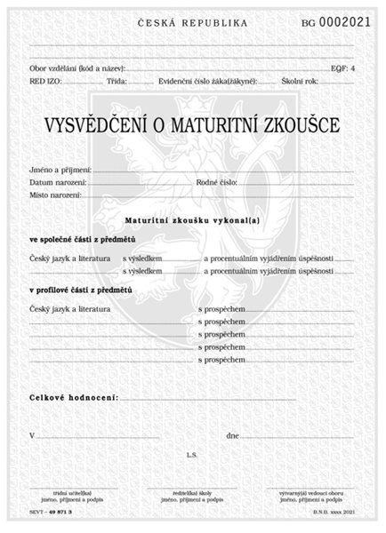 Vysvědčení o maturitní zkoušce ve vybraných výtvarných oborech, tisk QR kódu - 280×210 mm