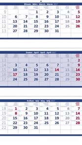 Kalendář nástěnný 2017 - 3měsíční/modrý skládaný