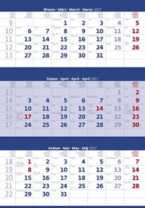 Kalendář nástěnný 2017 - 3měsíční/modrý s jmenným kalendáriem